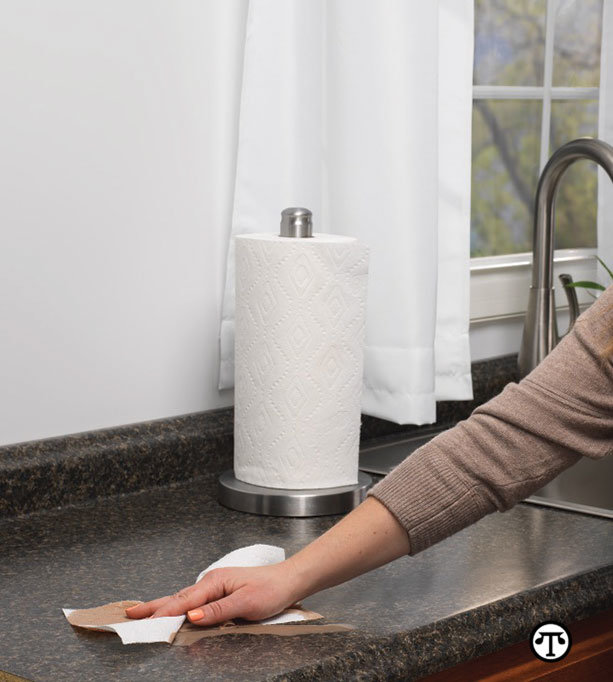 A paper towel is the best way to clean up (and throw    away) the bacteria found on a contaminated kitchen counter.