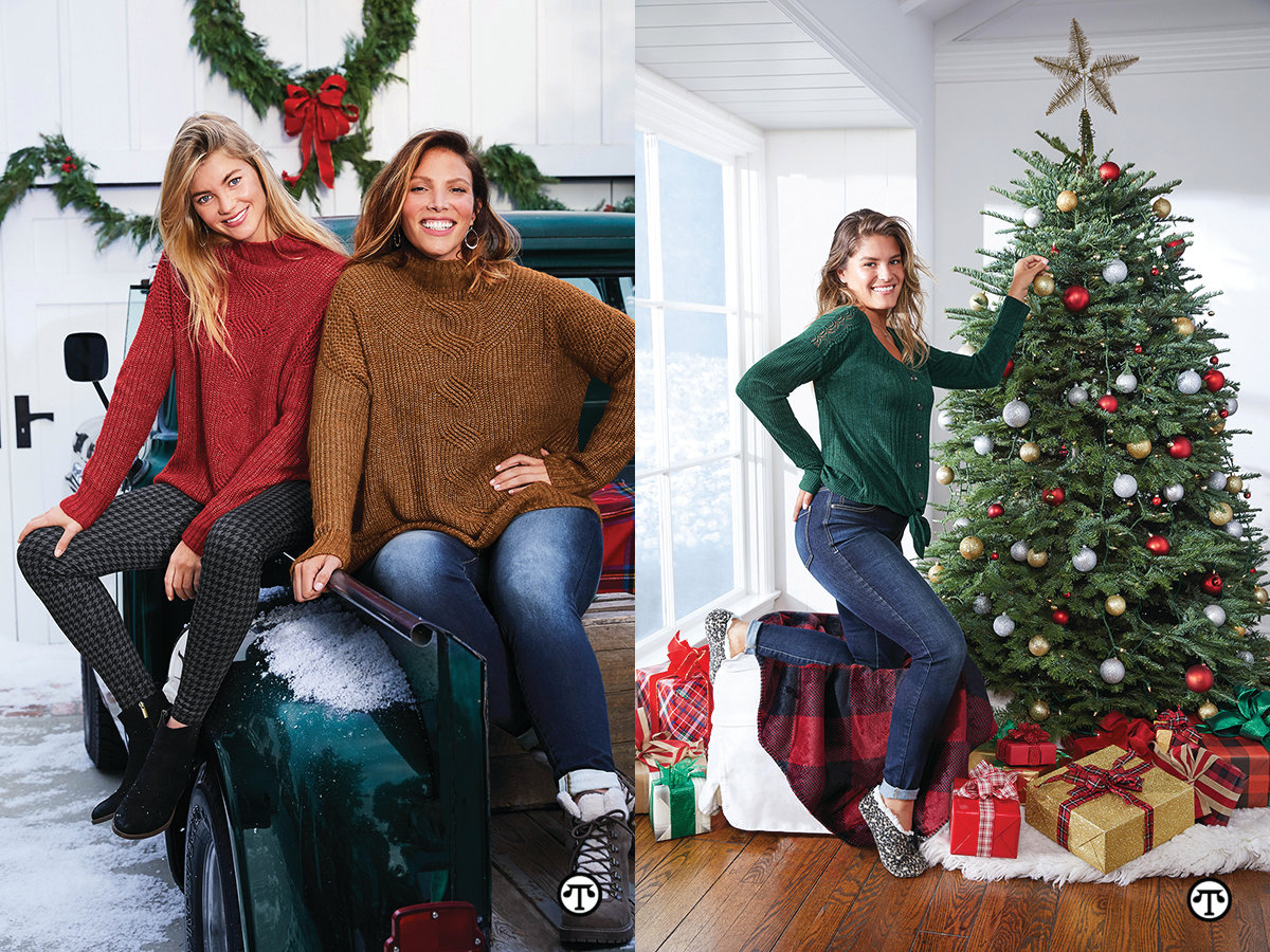 Soft, stylish sweaters will be warmly received this holiday season. Denim can be a delightful way to look festive while trimming the tree.
