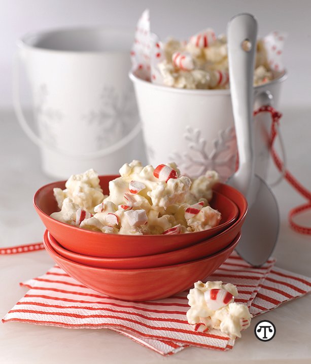The taste of peppermint and white chocolate make this the perfect holiday popcorn to share or mix—and making this treat can be a great way to celebrate the holidays at home.