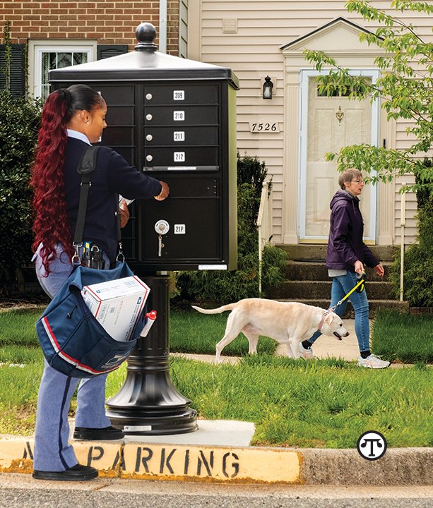 Alexandria, VA, letter carrier Latasha Thompson services mailboxes as a dog passes by.